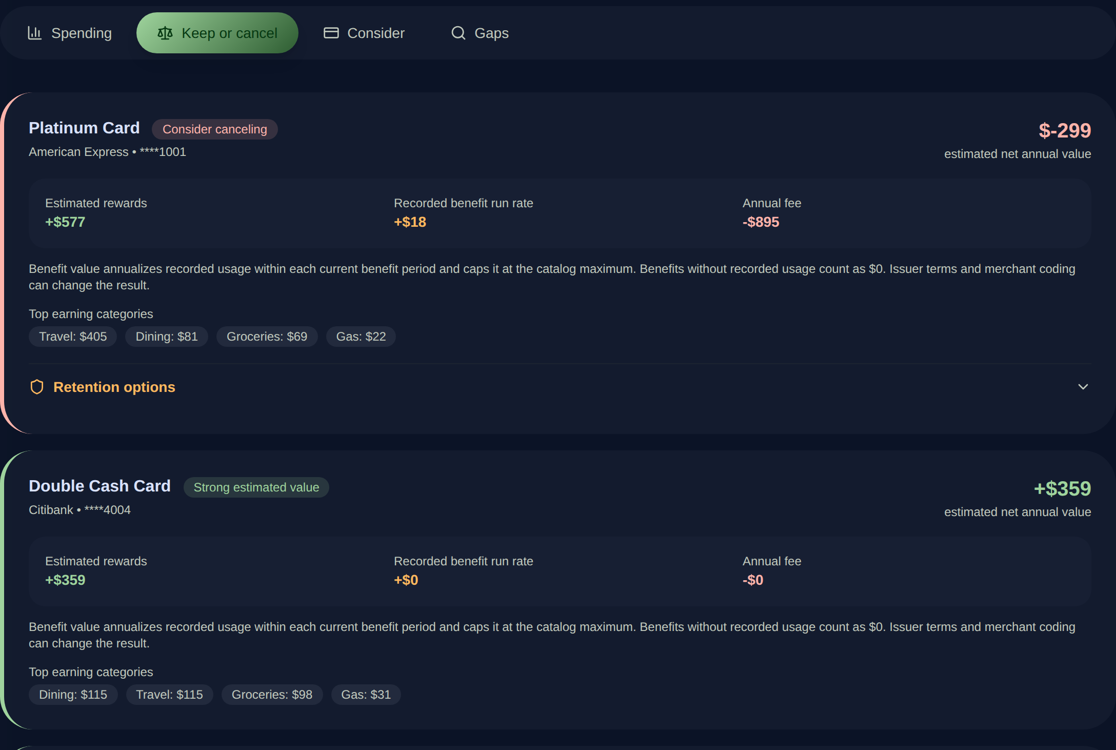 Card Advisor comparing estimated rewards, recorded benefit value, annual fees, and net annual value for example credit cards