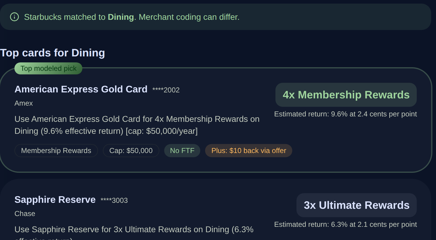 RewardSensei Which Card example ranking American Express Gold Card first for a Starbucks purchase