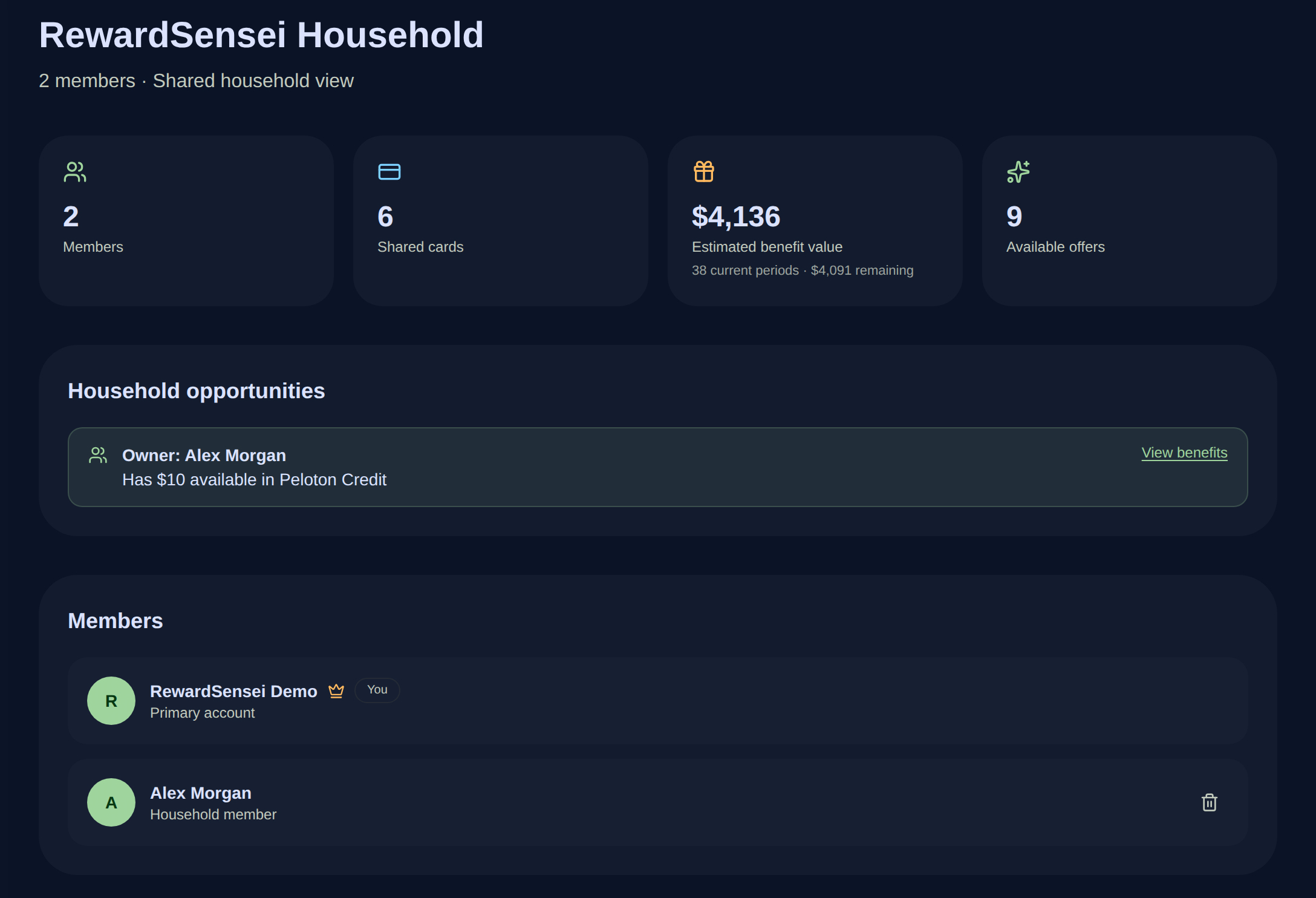 RewardSensei Household shared wallet for RewardSensei Demo and Alex Morgan